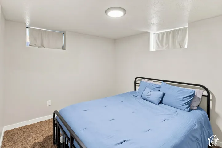 Recessed windows with curtain treatments, neutral wall color, and plush carpeting