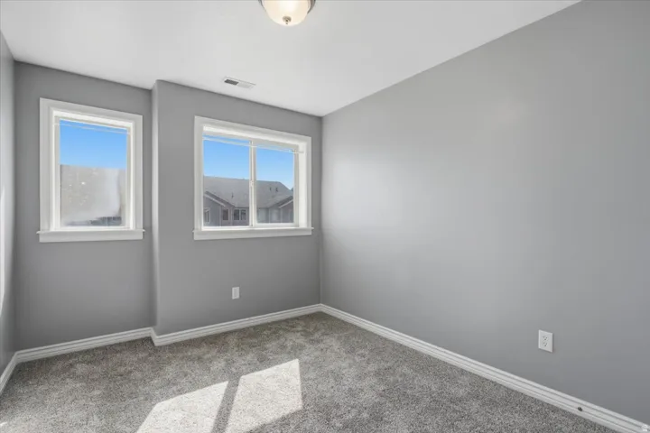 Plush carpeting, two windows with white trim, gray painted walls, and a ceiling-mounted light fixture