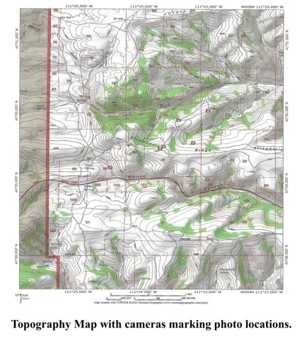Topographic Map. Displaying land elevation contours and photo location markers for the property