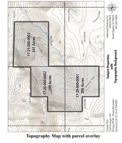Topography Map with parcel overlay. Displaying subject properties and their acreage against a topographic background