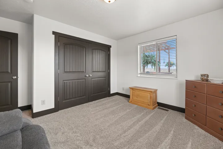 Dark wood-finish paneled doors, neutral carpeting, and a window with horizontal blinds
