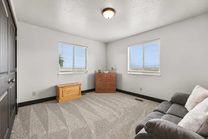 Wall-to-wall carpeting and white walls with dark trim