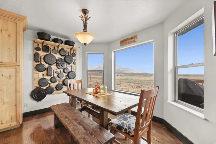 Wood-finish flooring, built-in cabinetry, corner windows, and a ceiling-mounted light fixture