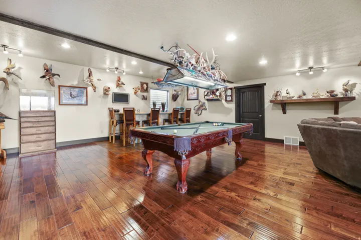 Recessed lighting, wood-finish flooring, dark wood trim, built-in shelving, and a bar area with seating