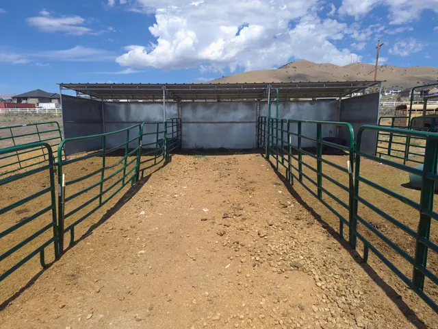 Enclosed animal pens with metal fencing, covered overhead structure, and natural terrain