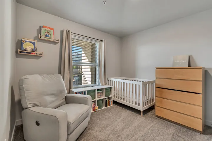 Plush carpet flooring, neutral wall tones, and a window with blinds and drapes