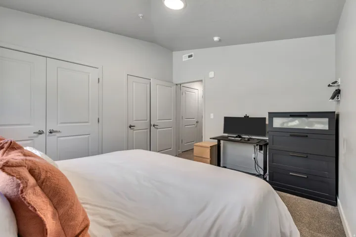 Light gray walls with white trim, two white paneled doors, and gray carpet
