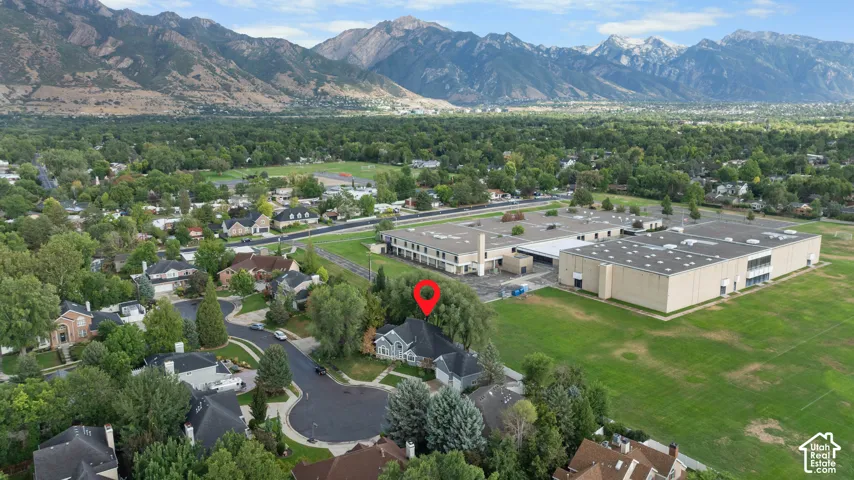 Residential neighborhood setting with mature trees and mountain backdrop