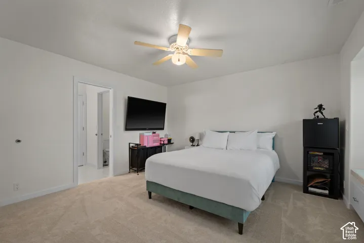 Recessed lighting, ceiling fan light fixture, wall-mounted television, and neutral carpeting