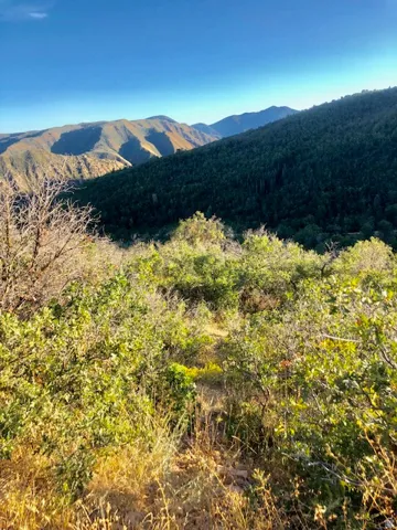 Expansive mountainous terrain with varied foliage, including dense tree cover and shrubbery