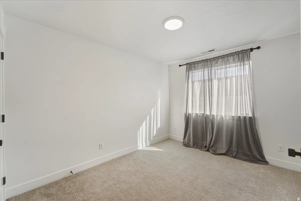 Carpeted flooring, white walls, flush-mount ceiling light fixture, window with curtain rod, and white trim