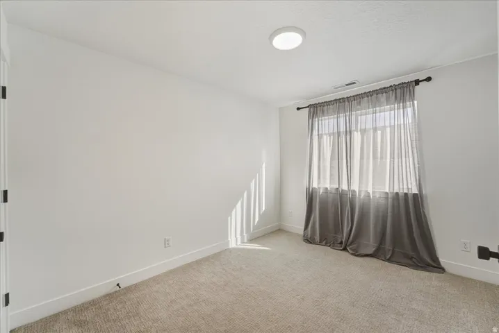 Carpeted flooring, white walls, flush-mount ceiling light fixture, window with curtain rod, and white trim