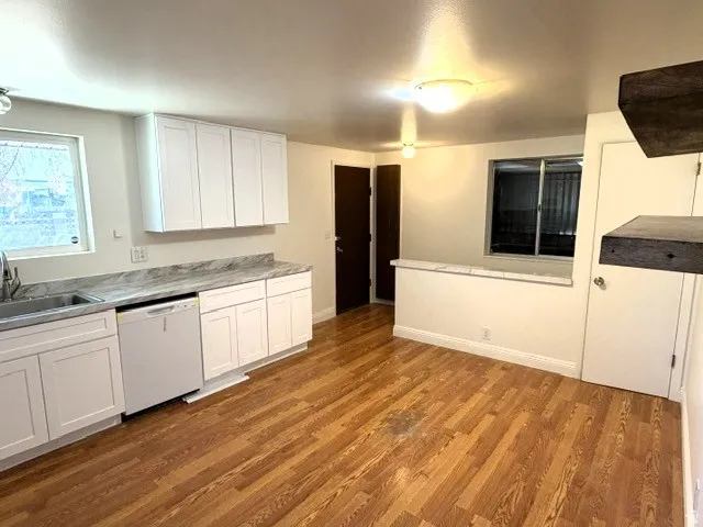 Kitchen featuring white shaker cabinetry, wood-finish flooring, a stainless steel sink, a built-in dishwasher, and a pass-through counter