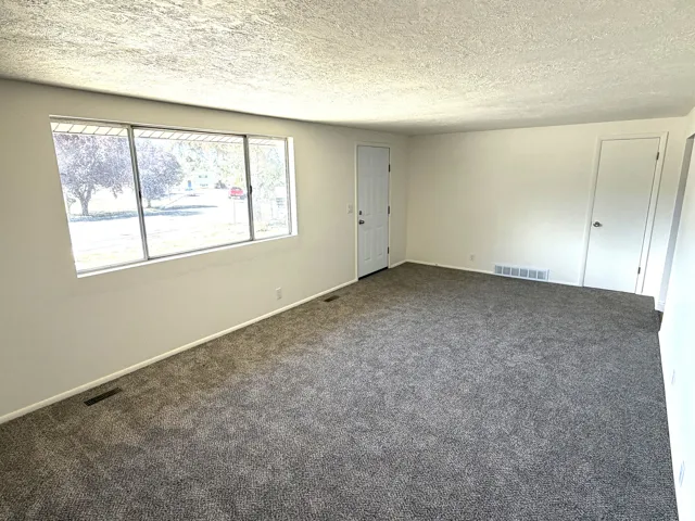 Window with multiple panes, textured ceiling, light-colored walls, gray carpeting, and white interior doors