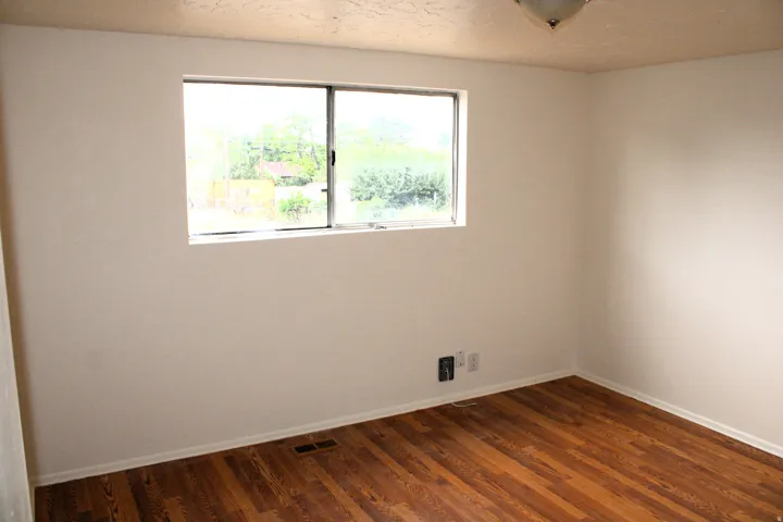Hardwood flooring, painted walls, window with aluminum frame, ceiling-mounted light fixture, white baseboards