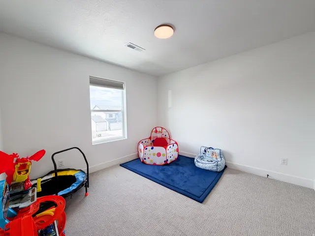 Neutral wall paint, recessed window, carpeted flooring, and a flush mount ceiling light fixture