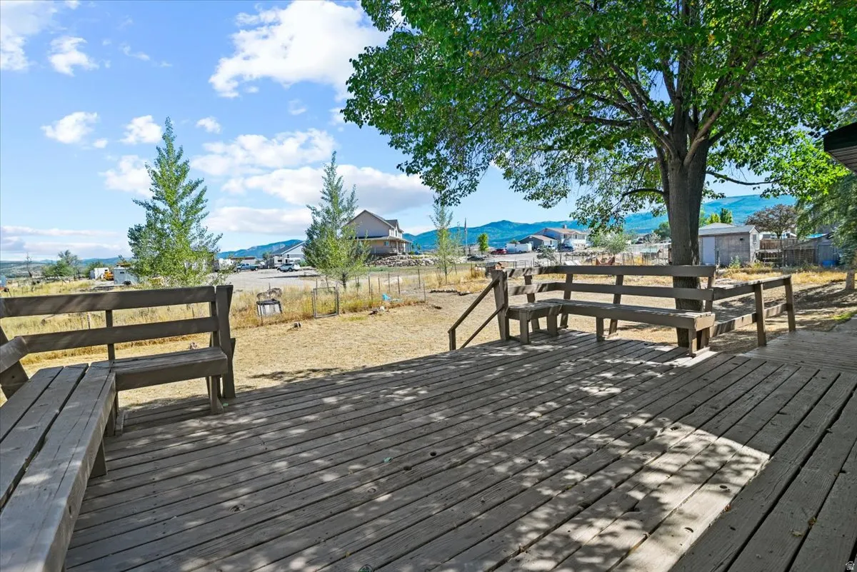 Expansive outdoor wooden deck with integrated bench seating, framed by mature trees
