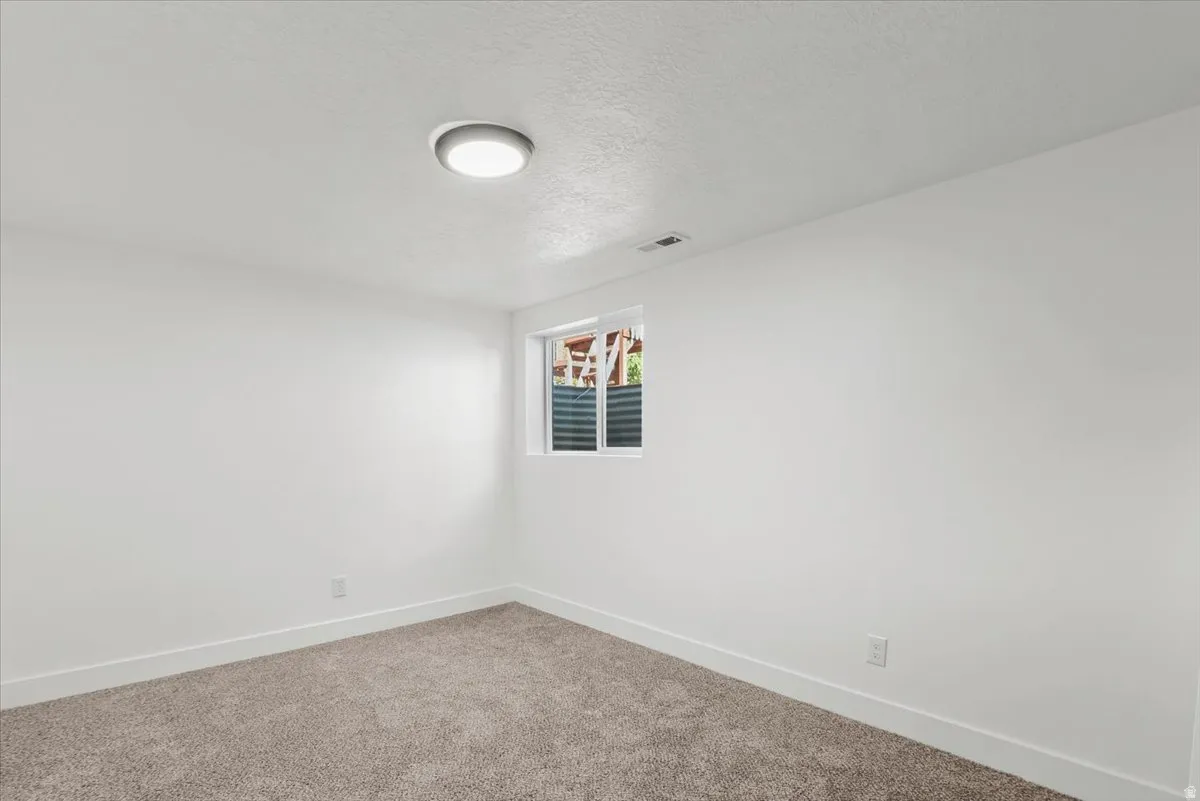 White painted walls, neutral carpet, recessed window, flush-mount ceiling light