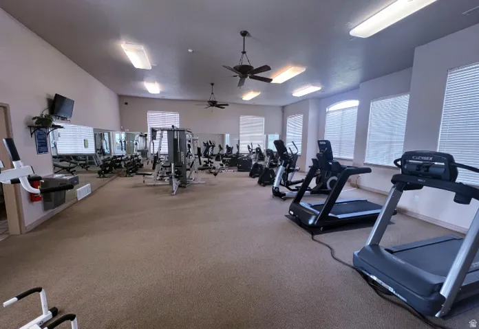 Fitness facility with carpeted flooring, mirrored walls, and multiple ceiling fans