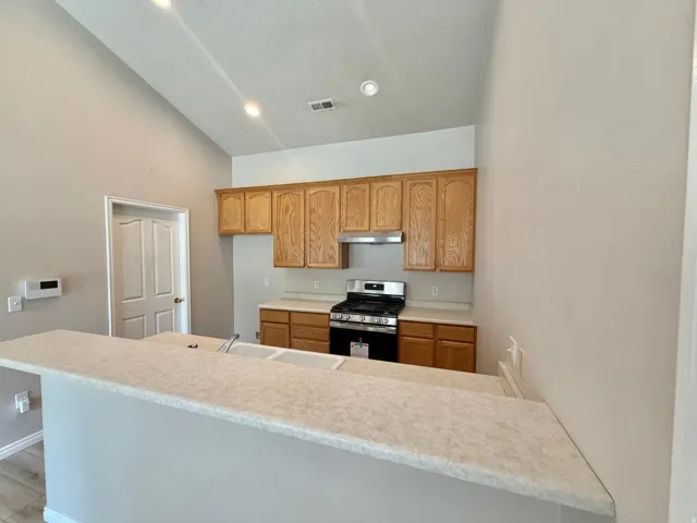 Kitchen featuring a vaulted ceiling, wood-finish cabinetry, stainless steel range and hood, and an integrated double-basin sink