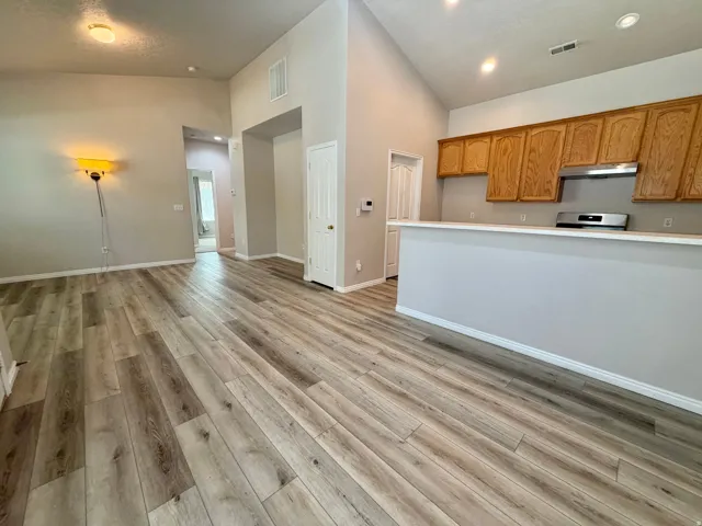 Vaulted ceilings, wood-finish flooring, recessed lighting, wood cabinetry, and a stainless steel range hood