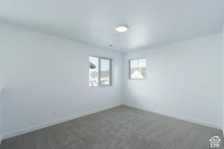 Neutral-toned carpeting, two windows, and overhead flush-mount lighting