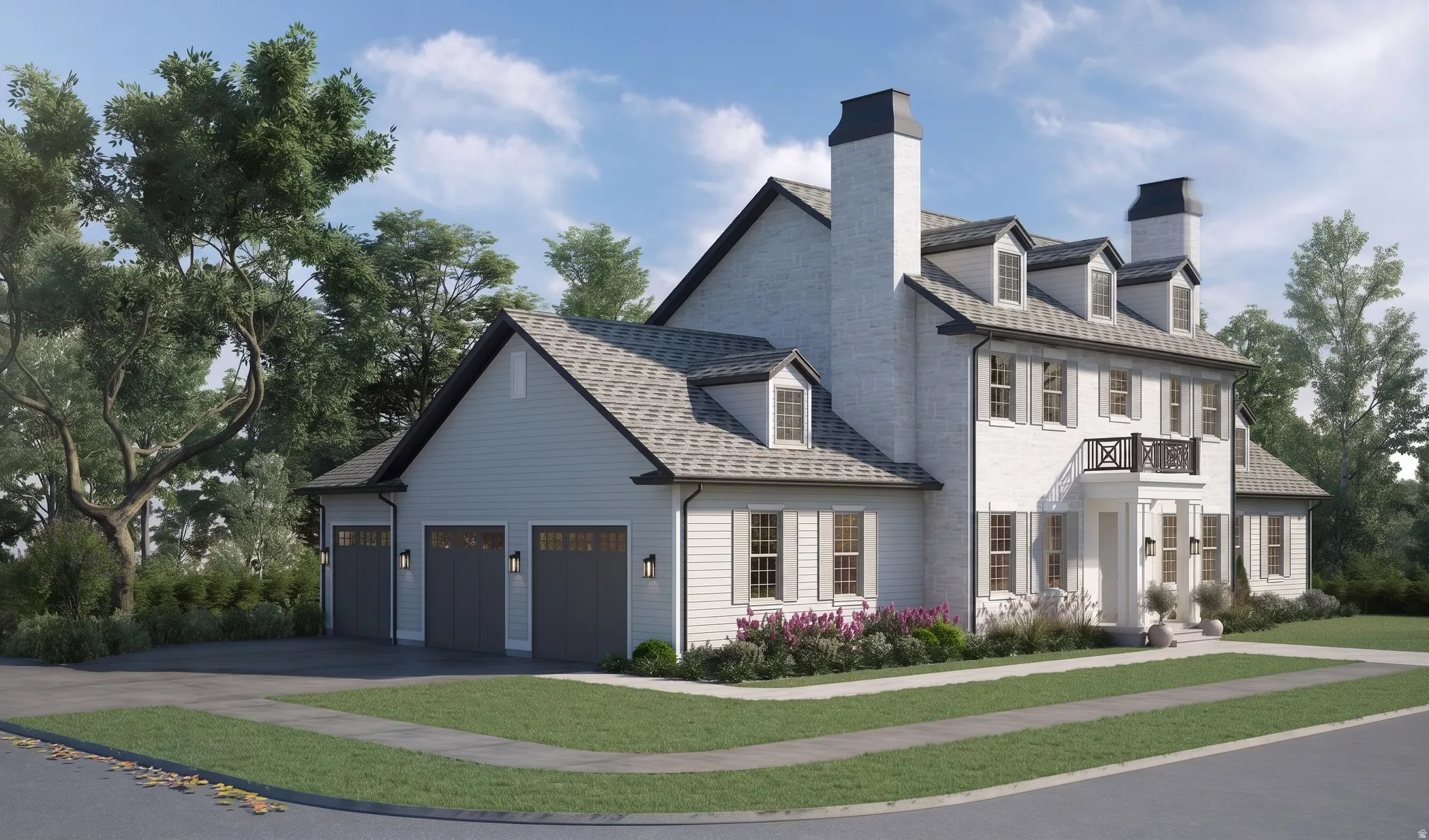 White brick exterior with gray siding