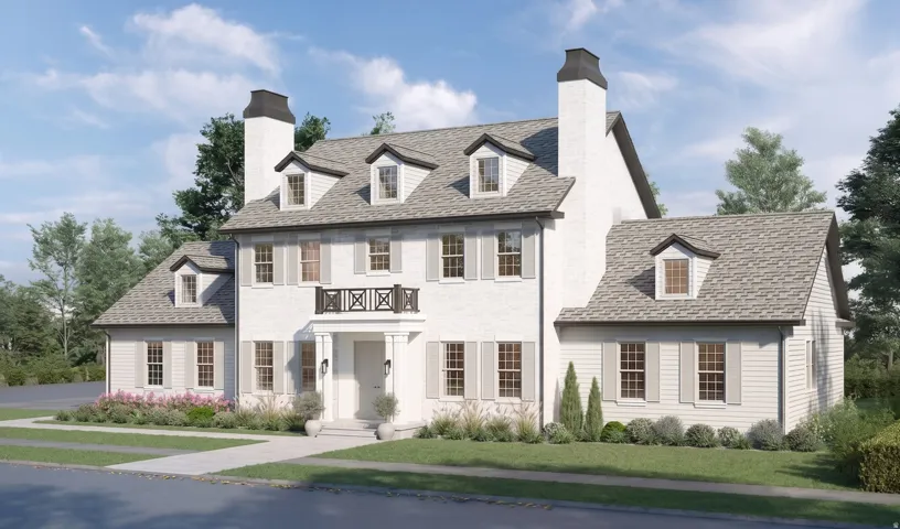 White brick and horizontal siding exterior with multiple dormer windows and a covered entry