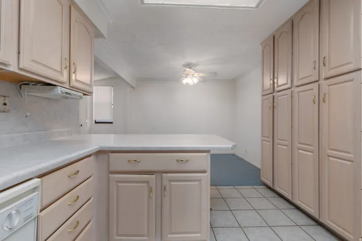 Kitchen featuring extensive cabinetry, laminate countertops, and tile flooring