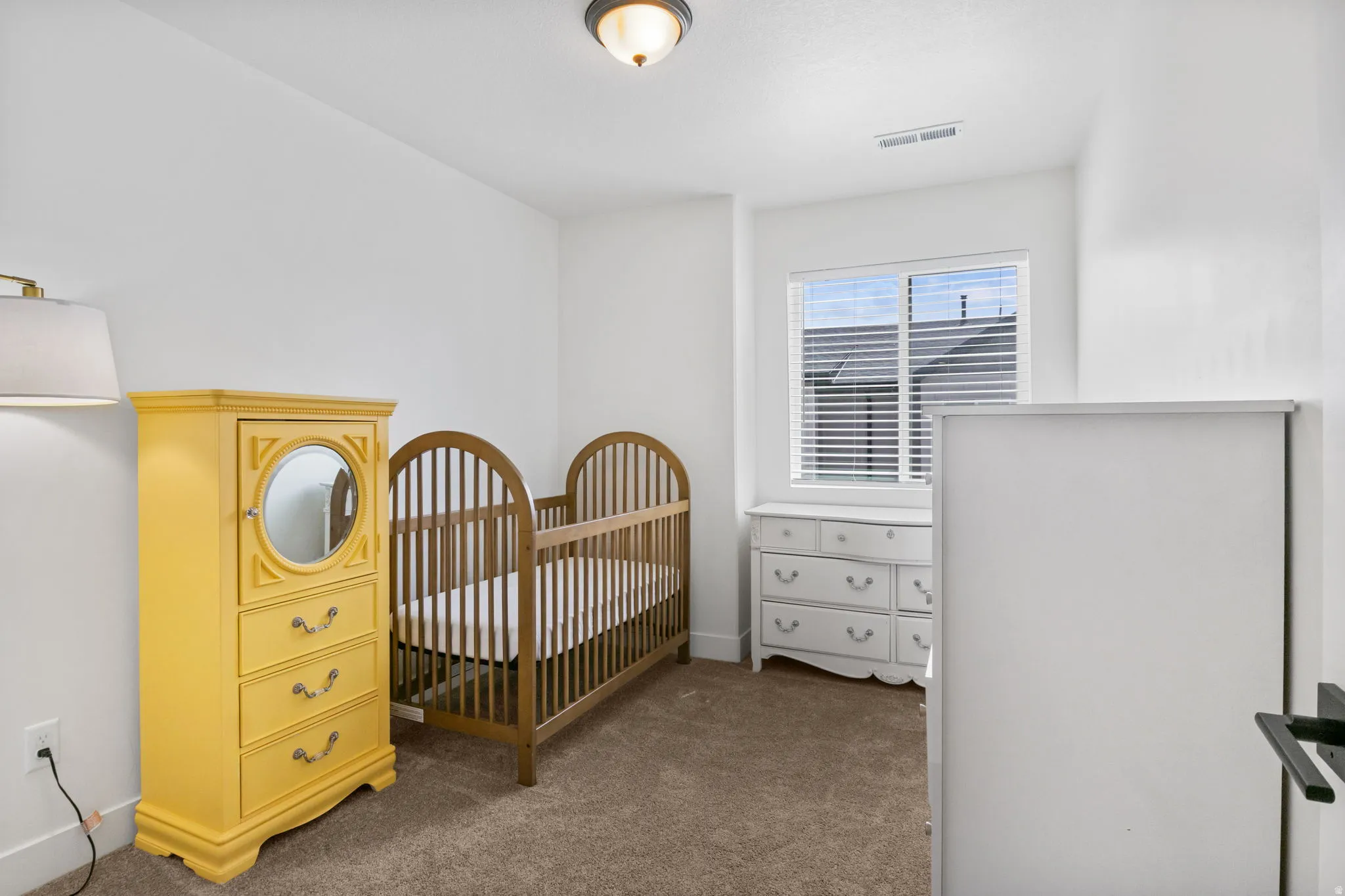 Carpeted flooring, window with blinds, overhead flush mount light fixture, and white painted walls