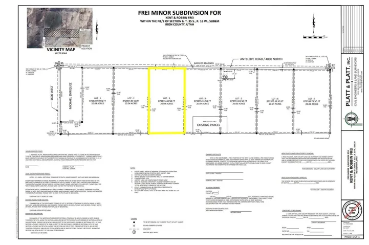 Minor Subdivision Plat. Illustrating the division of a property into multiple lots with associated measurements and an existing parcel