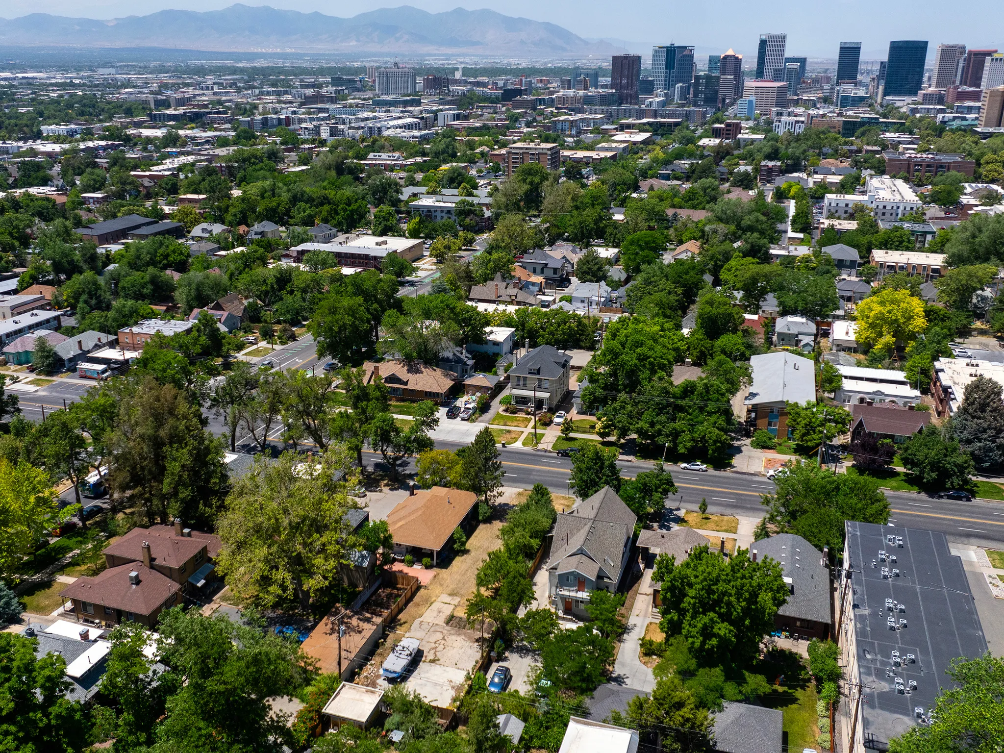 Urban residential neighborhood with a tree-lined street and distant city skyline