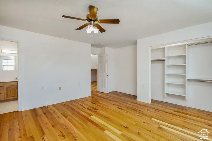 Wood-finish flooring, ceiling fan, built-in closet shelving, and a separate room with a vanity and mirror