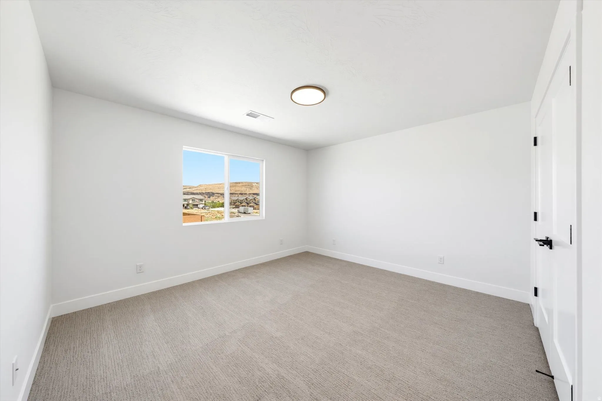 Neutral carpeted flooring, light-toned walls, and a modern ceiling light fixture