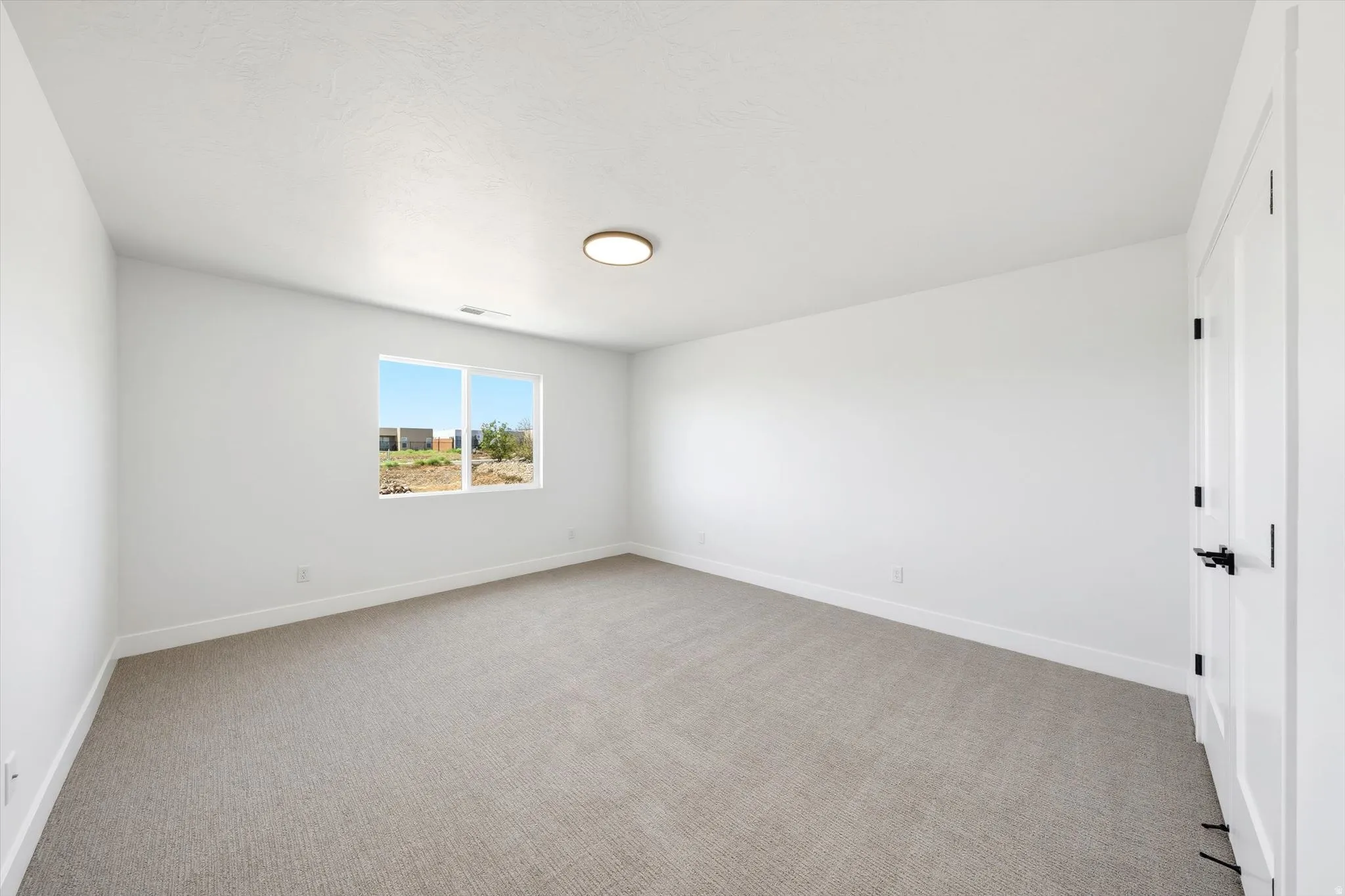 Spacious room featuring neutral carpeting, a large window, white walls, and a modern ceiling light fixture