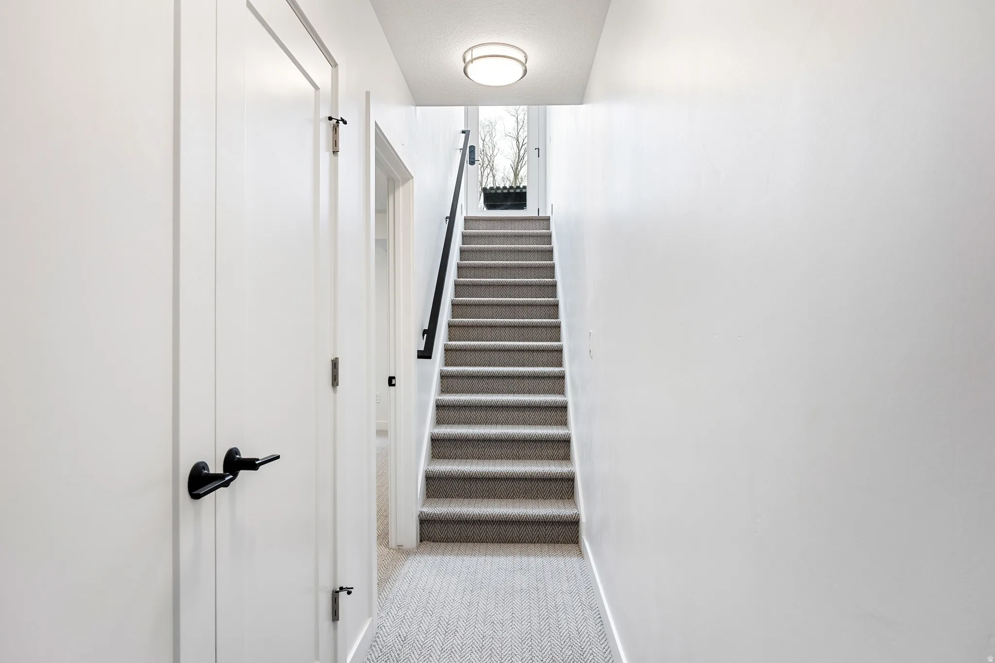 Staircase with carpeted treads and risers, a black handrail, and a round overhead light fixture