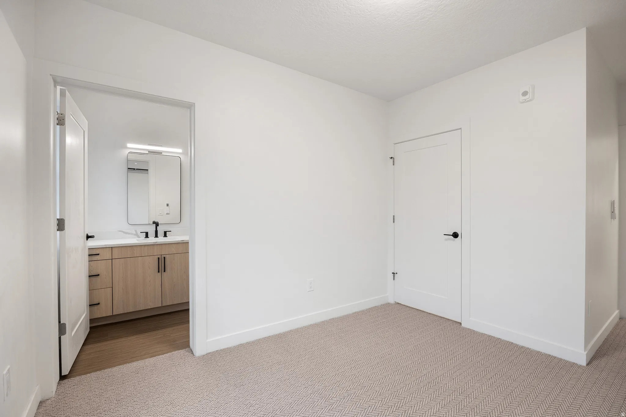 Neutral-toned carpeted flooring throughout, with a wood-finish vanity featuring a quartz countertop, rectangular mirror, and matte black fixtures