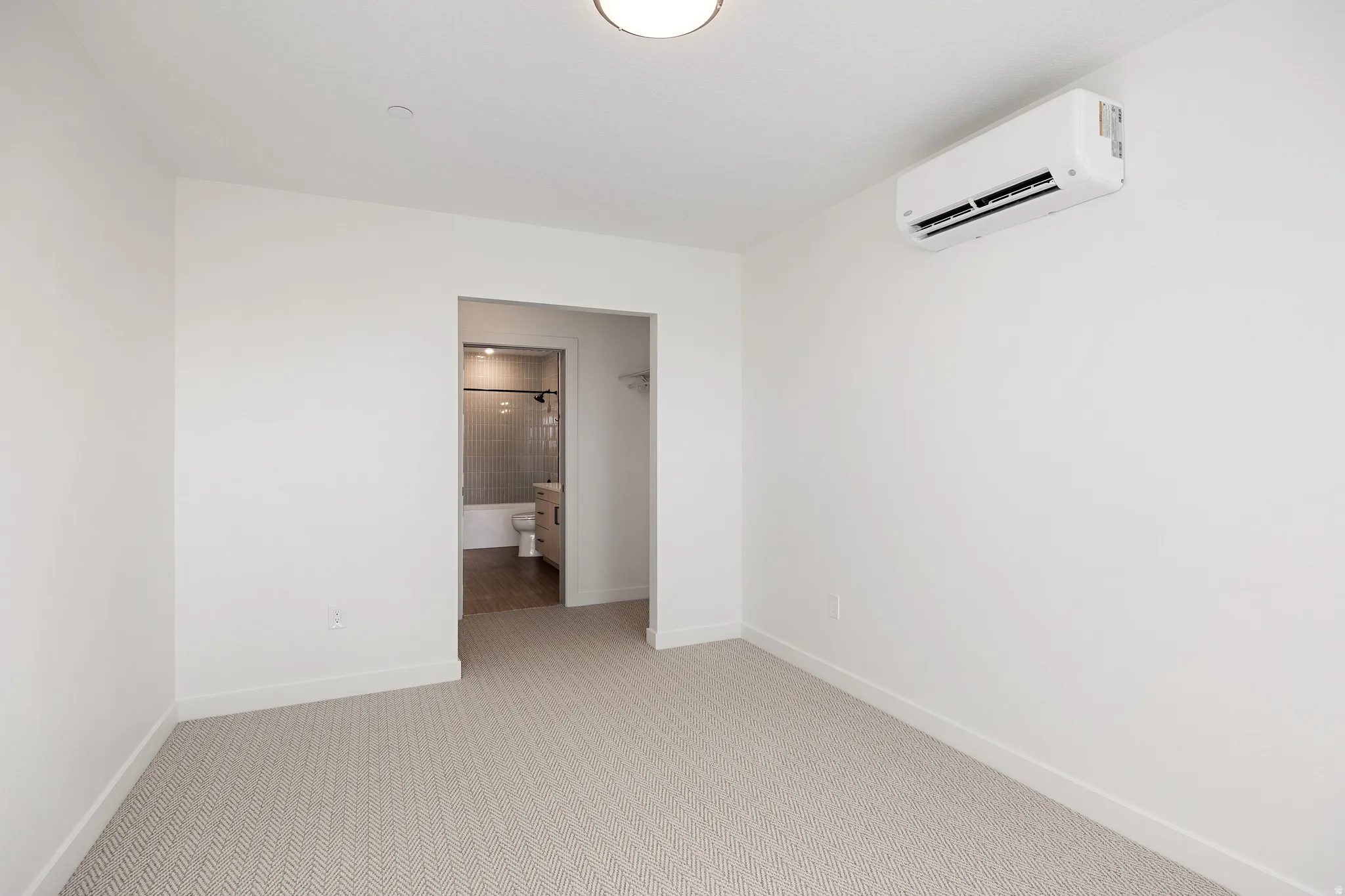 White walls with patterned carpeting and flush-mount ceiling lighting