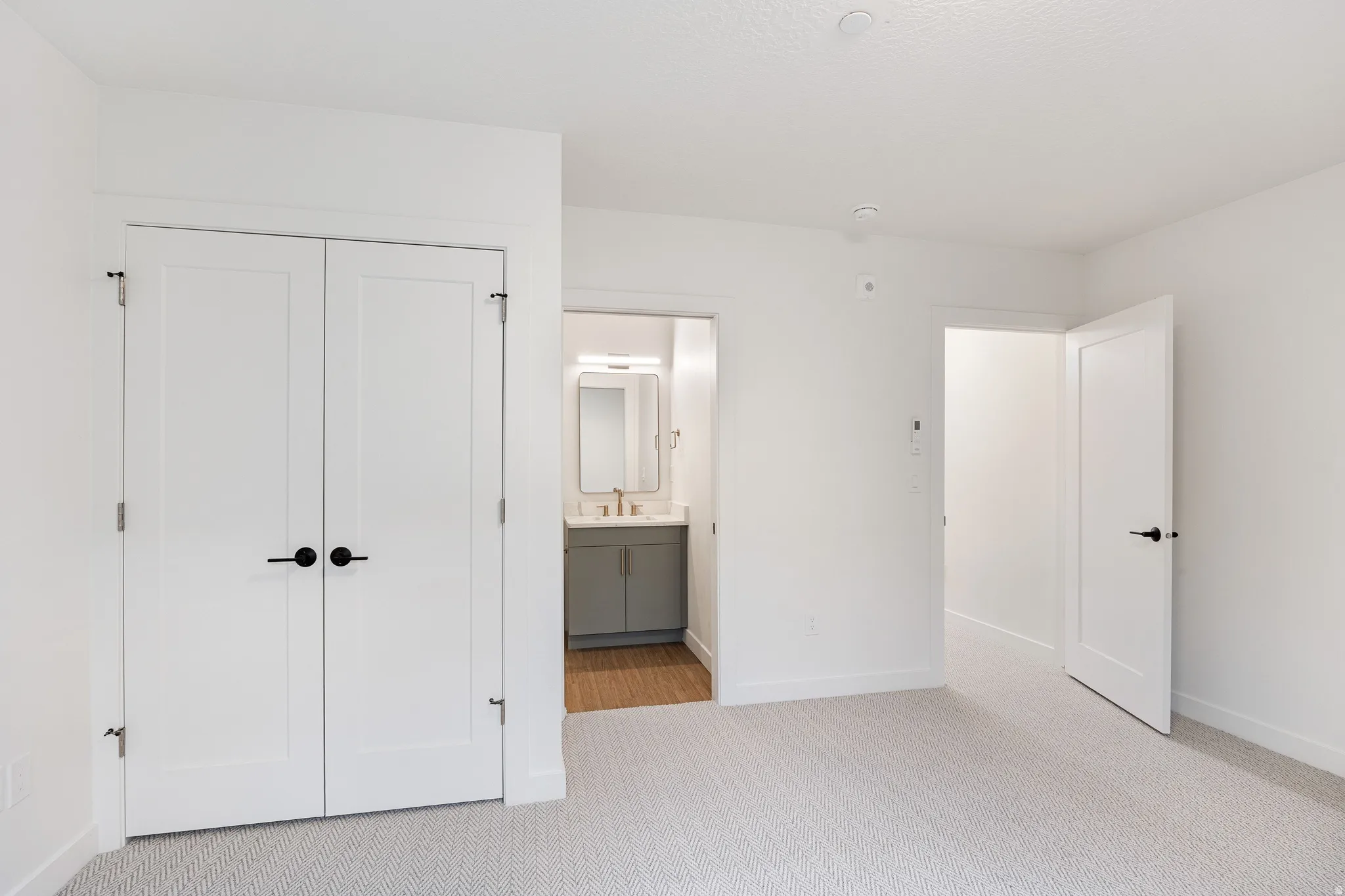 Light-colored carpeting, white walls, and white doors with matte black hardware