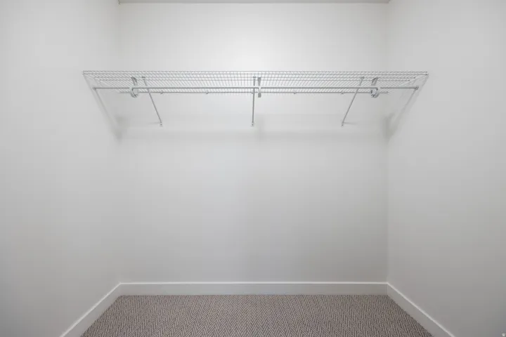 Built-in wire shelving with hanging rod, white walls, and carpet flooring