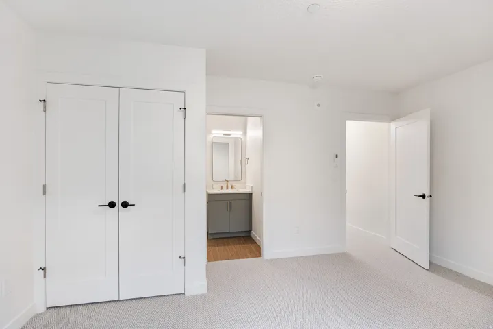 Light-colored carpeting, white walls, and white doors with matte black hardware