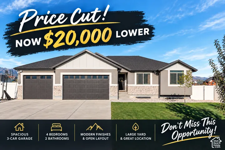 Marketing Flyer, Property Listing. Highlighting a price reduction for the property and listing specific features including the garage capacity, bedroom and bathroom count, interior characteristics, and exterior area
