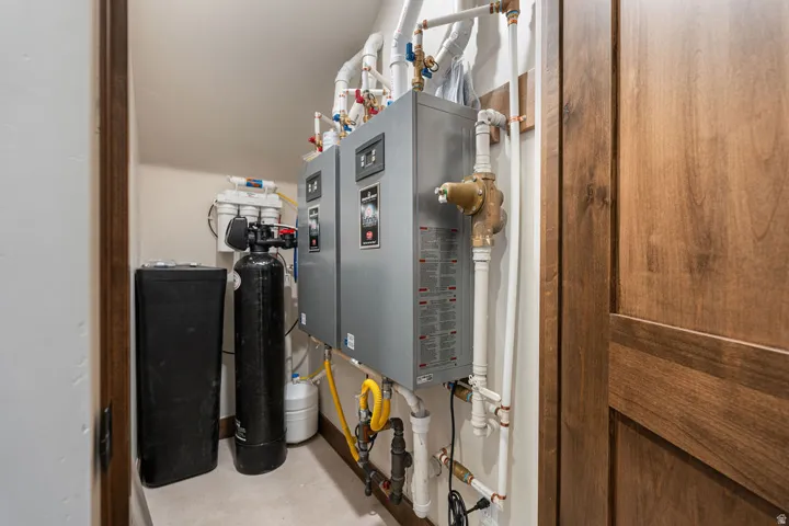 Dual wall-mounted tankless water heaters, water filtration system, and water softener