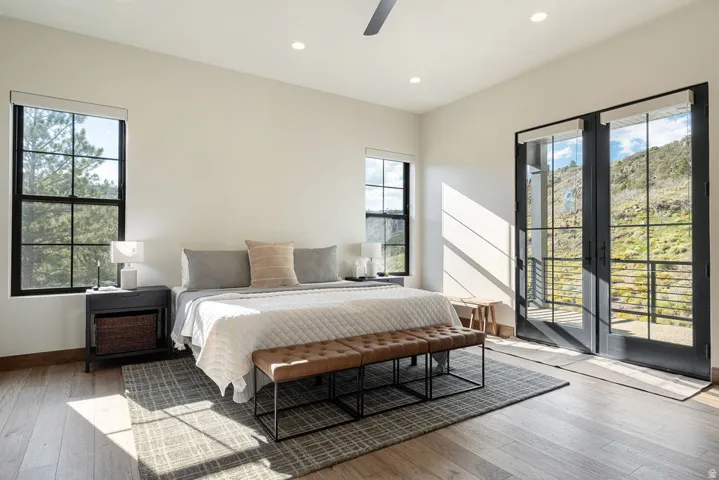 Windowed French doors, multiple recessed lights, wood-finish flooring, and a ceiling fan