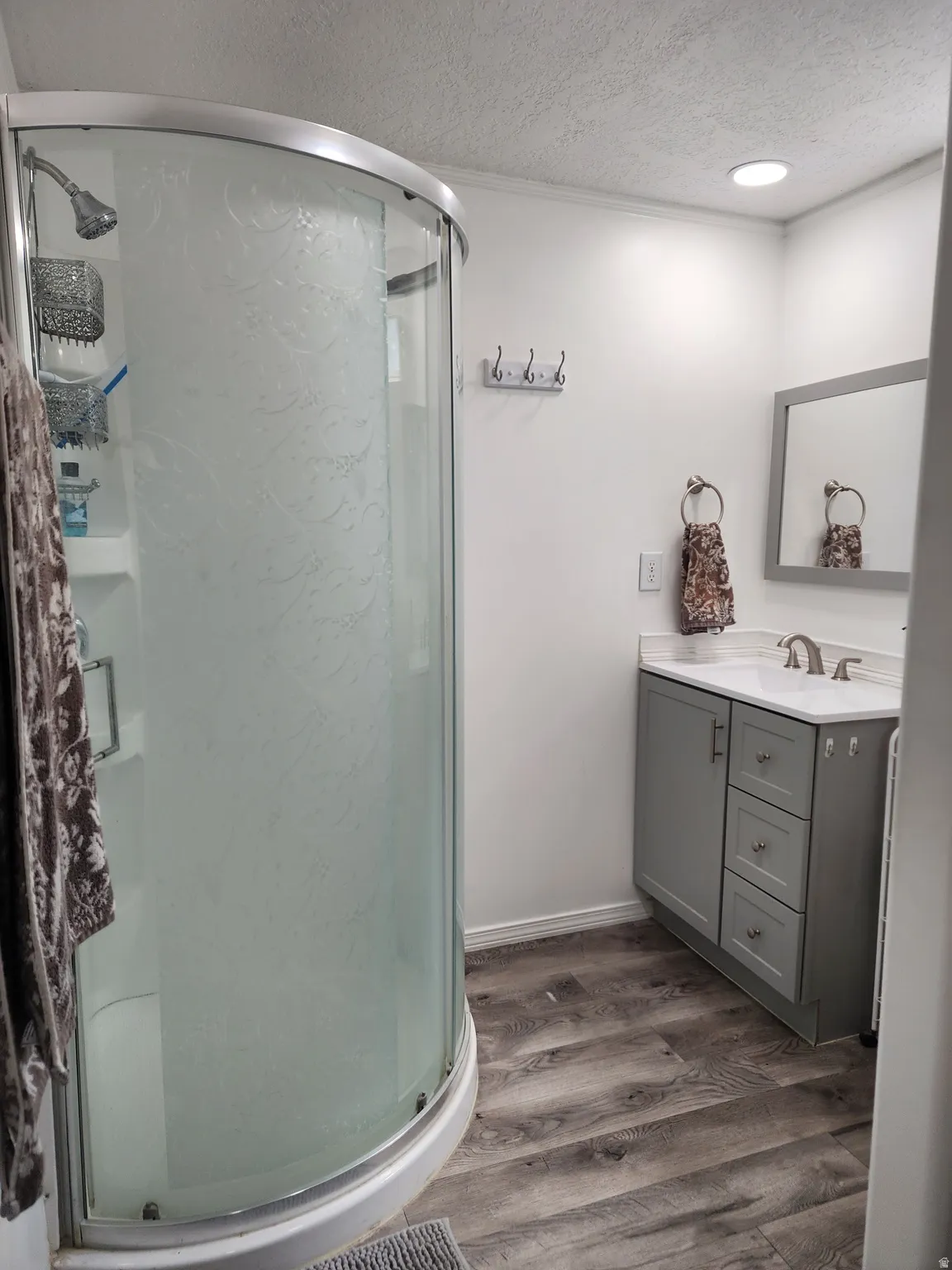Curved glass shower enclosure, wood-finish flooring, recessed lighting, vanity with gray cabinetry, and a framed mirror