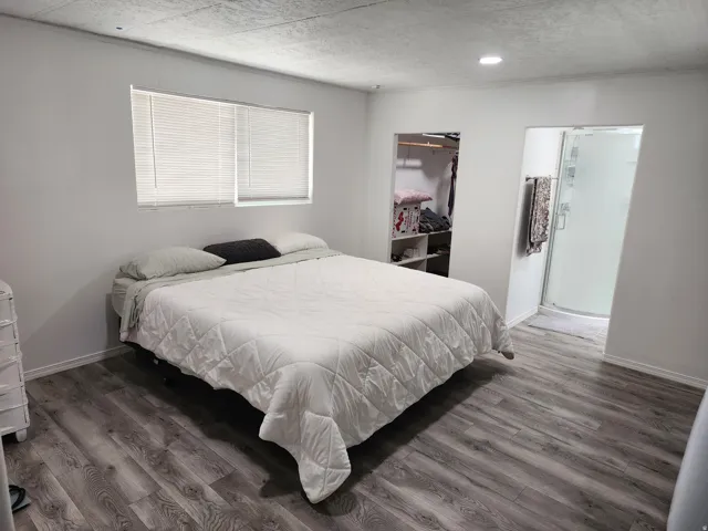Recessed lighting, wood-finish flooring, built-in closet storage, and a stand-up shower with a frosted glass door