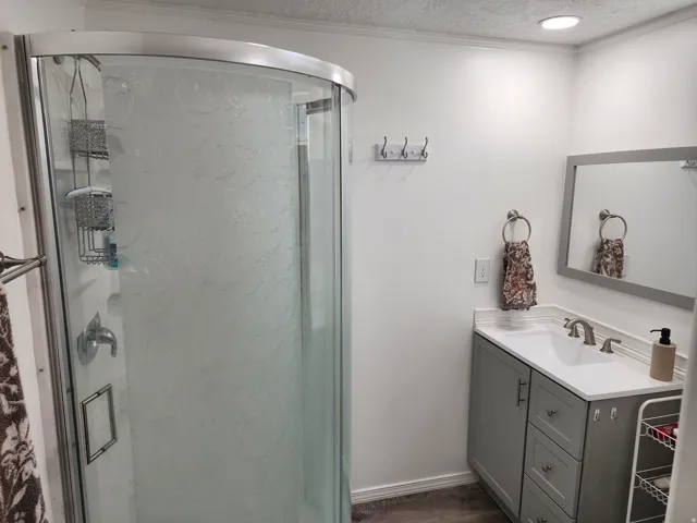 Curved glass shower enclosure with frosted detailing, vanity with integrated sink and storage, stone-finish countertop, brushed nickel faucet, and recessed ceiling lighting