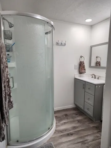 Curved glass shower enclosure, wood-finish flooring, recessed lighting, vanity with gray cabinetry, and a framed mirror