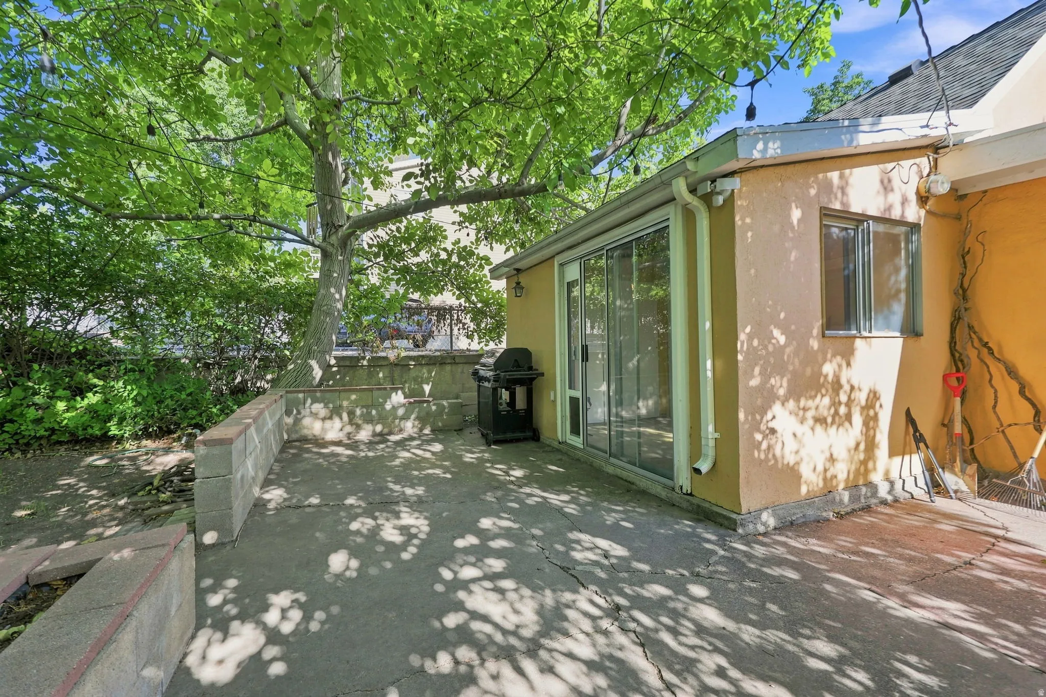 Concrete patio with retaining wall, mature tree, and sliding glass door access to an exterior structure