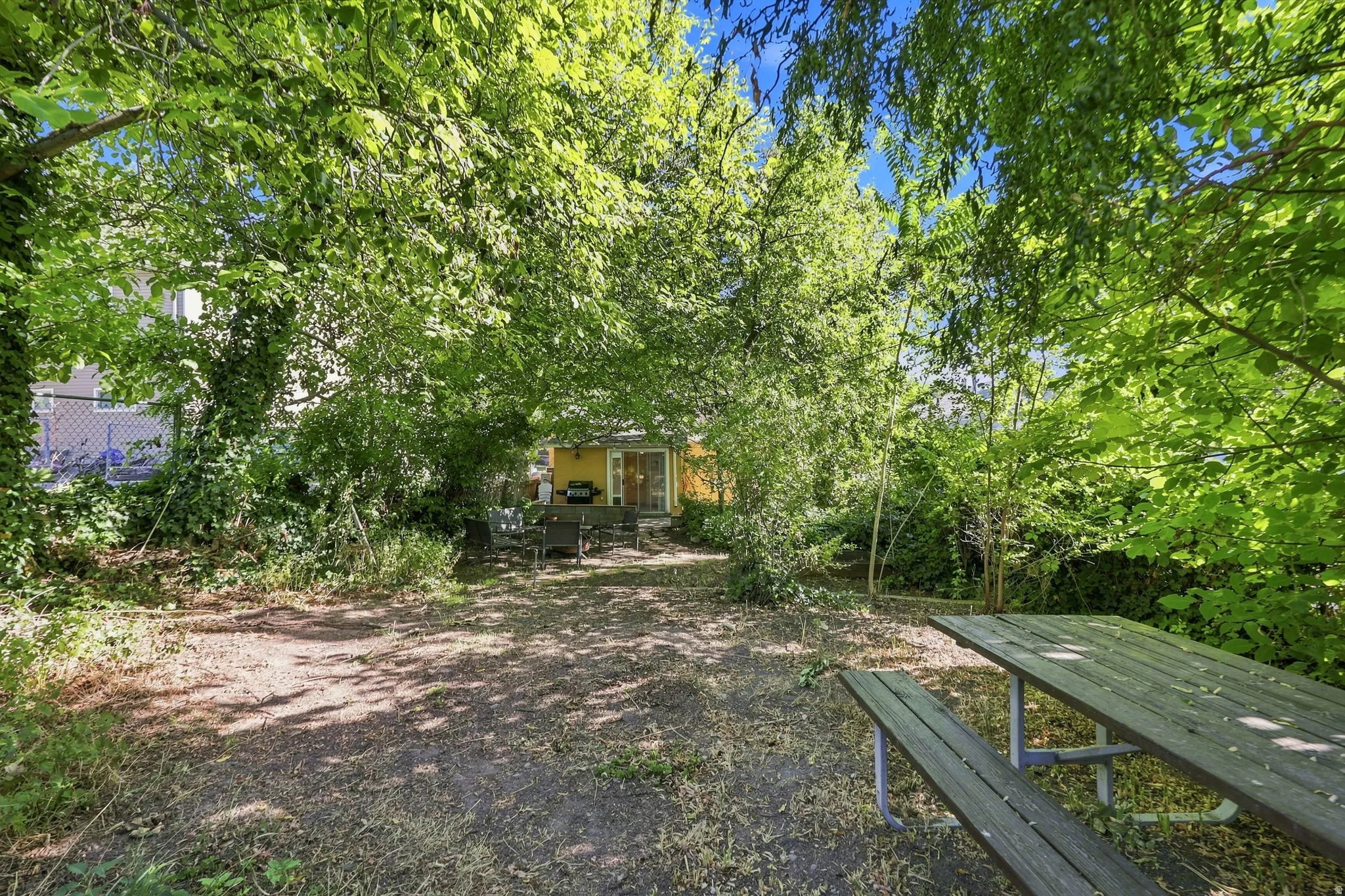 Expansive backyard with a wood picnic table, mature trees, and a patio area